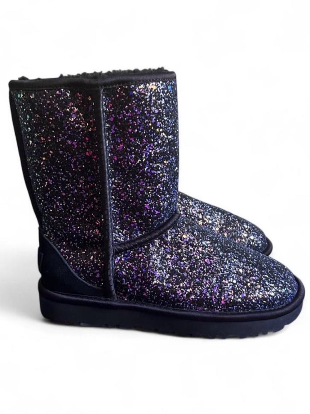 UGG Black Glitter Short Boots with Purple Sparkle